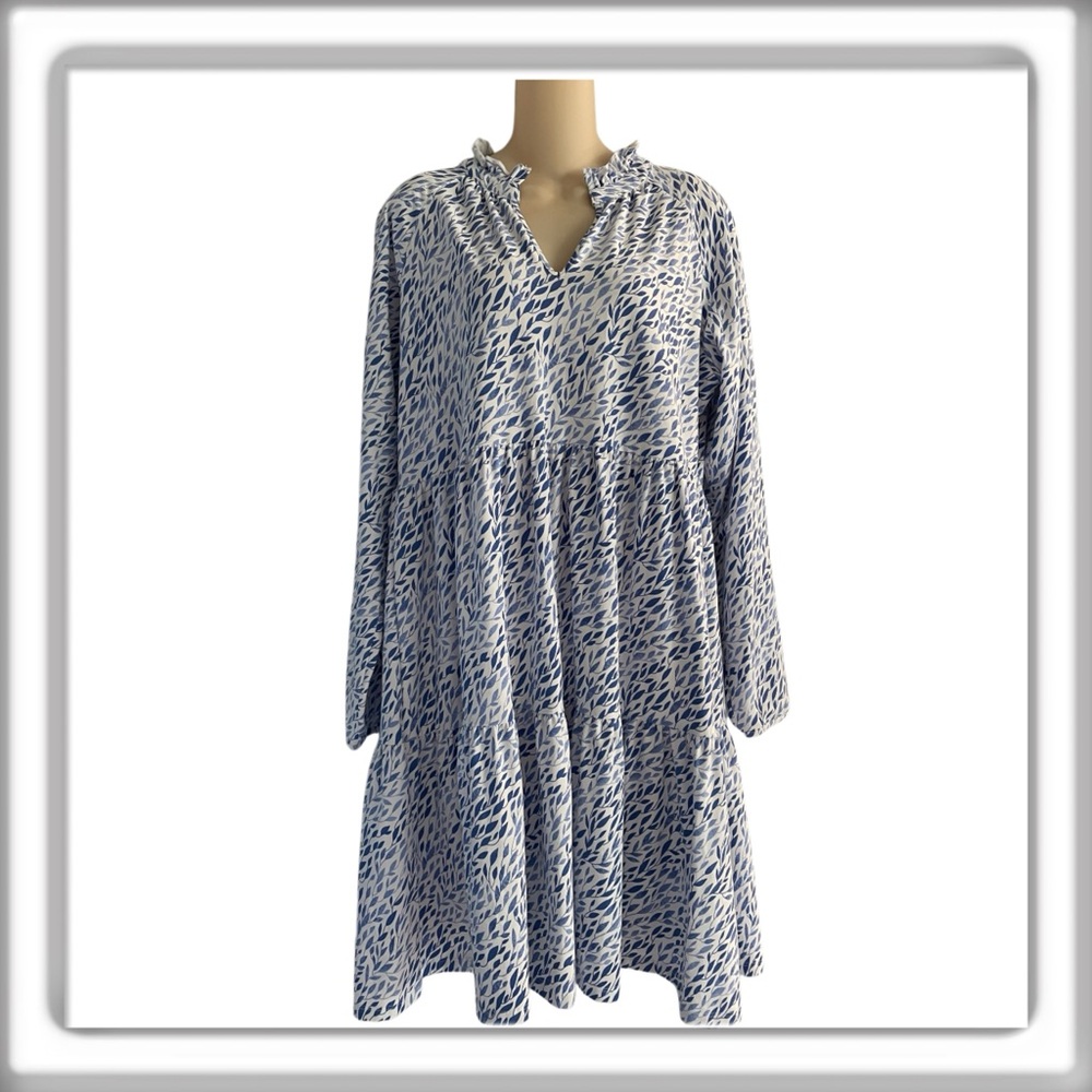 Duffield Lane Blue Floral Long Sleeve Tiered Dress Knee Length Size Large